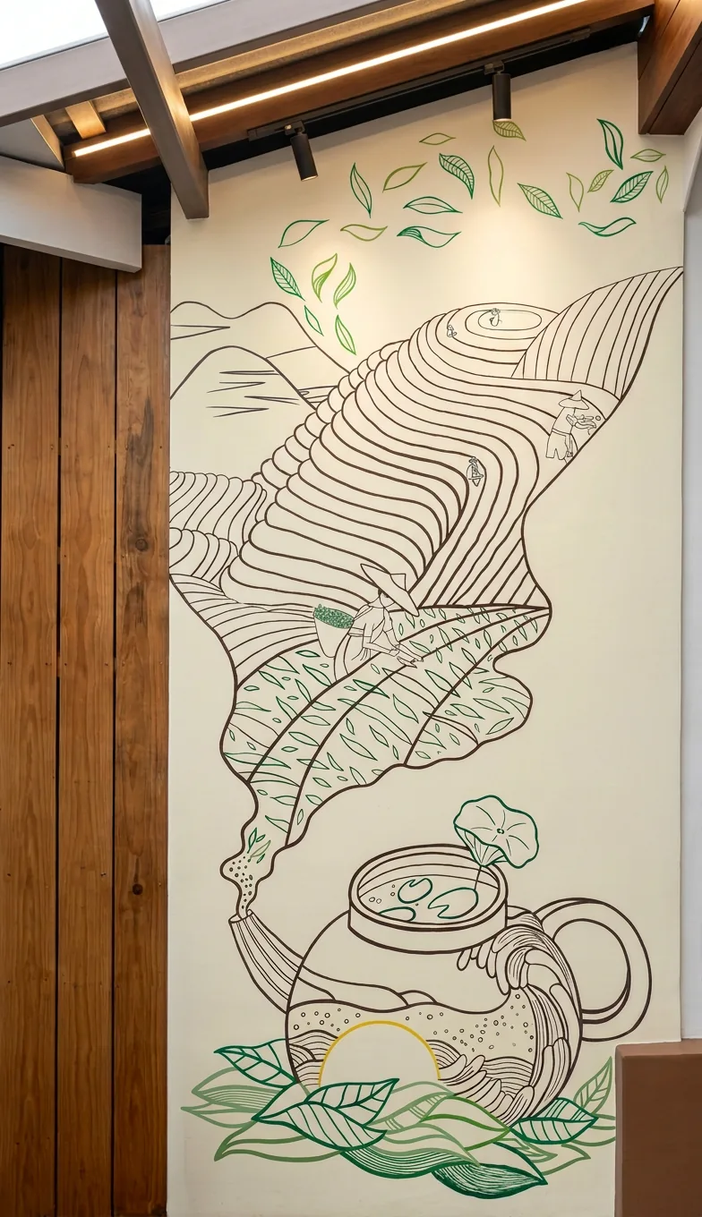 Hand-painted tea-garden mural in the outdoor seating area, tracing tea leaves from garden to teapot